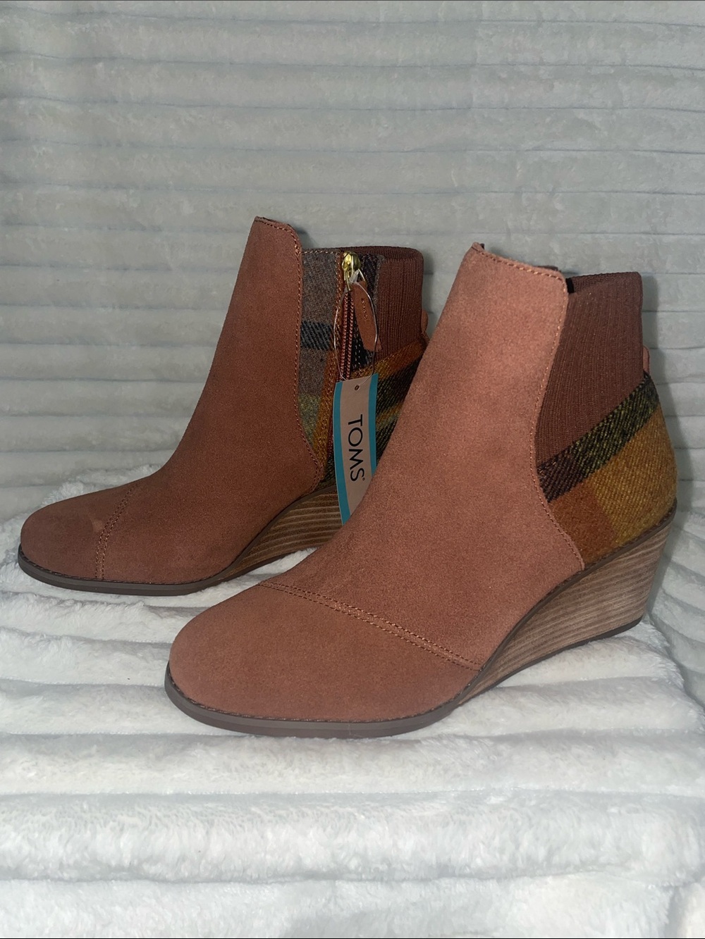 TOMS Brown Suede Wedge Ankle Boots with Patterned Heel